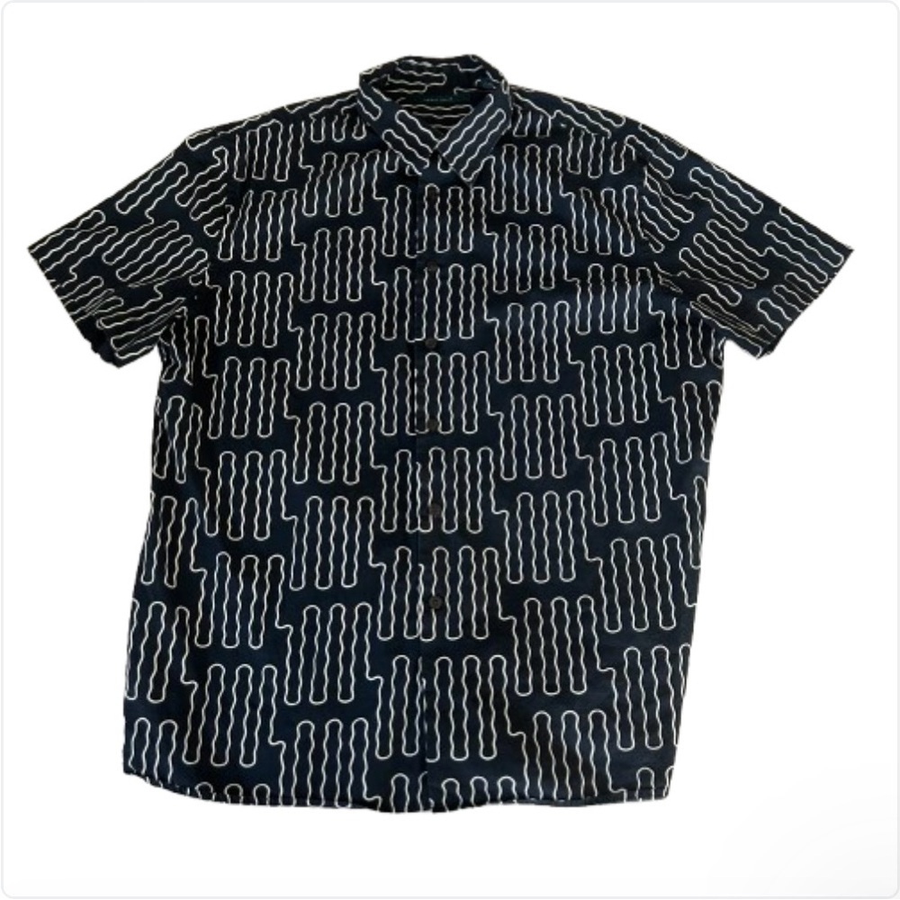Perry Ellis Short Sleeve Shirt Men’s XL Navy Blue Geometric Print Cotton